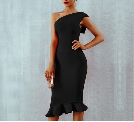 Cross-shoulder dress fishtail slim slim dress - ANIBEY