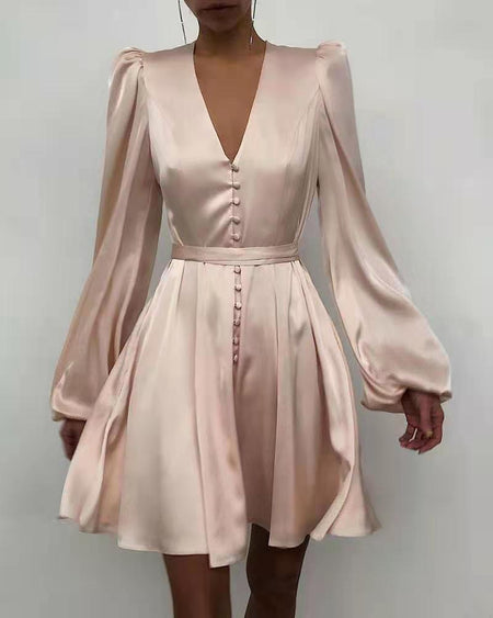 Commuter Solid Color High Waist Lantern Sleeve Long Dress - ANIBEY