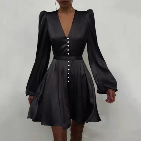 Commuter Solid Color High Waist Lantern Sleeve Long Dress - ANIBEY