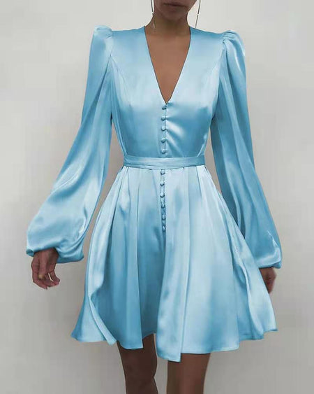Commuter Solid Color High Waist Lantern Sleeve Long Dress - ANIBEY