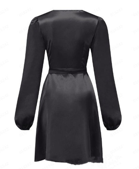 Commuter Solid Color High Waist Lantern Sleeve Long Dress - ANIBEY