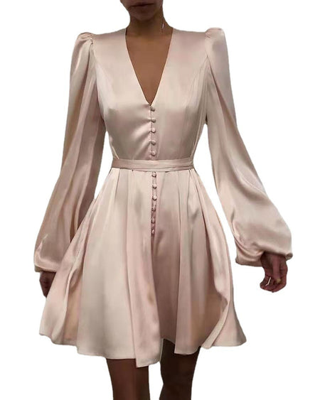 Commuter Solid Color High Waist Lantern Sleeve Long Dress - ANIBEY