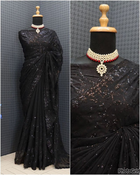 Women's Georgette Embellished Saree With Unstitched Blouse Piece - ANIBEY