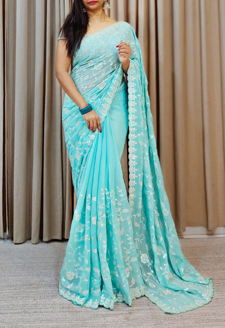 Women's Georgette Embellished Saree With Unstitched Blouse Piece - ANIBEY