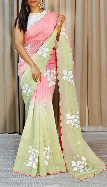 Women's Shimmer Chiffon Sequence Embroidery Saree With Unstitched Blouse Piece - ANIBEY