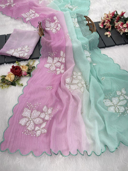 Women's Shimmer Chiffon Sequence Embroidery Saree With Unstitched Blouse Piece - ANIBEY