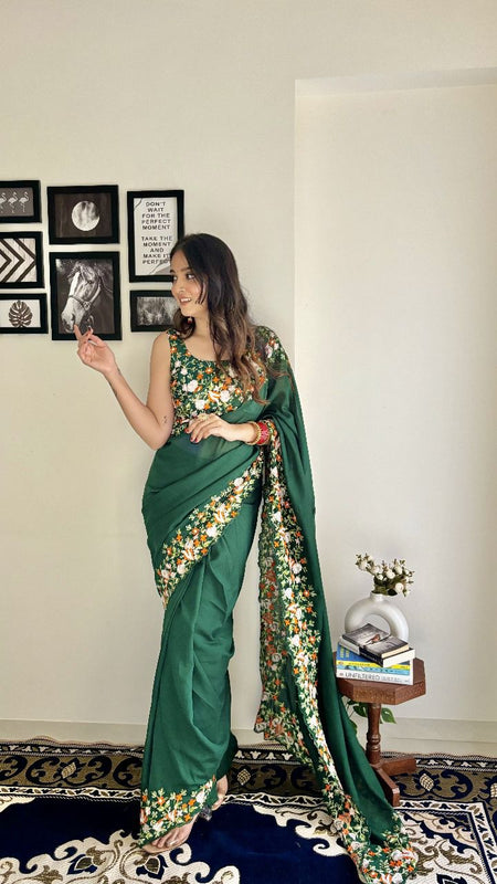 Women's Ethnic Designer Vichitra Silk Saree With Embroidery Blouse Piece - ANIBEY