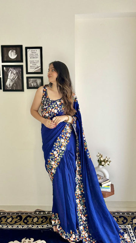 Women's Ethnic Designer Vichitra Silk Saree With Embroidery Blouse Piece - ANIBEY
