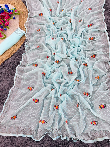 VAF SELF DESIGN CHIFFON TITLI EMBROIDERY SAREE WITH MATCHING EMBRODIERY BLOUSE - ANIBEY