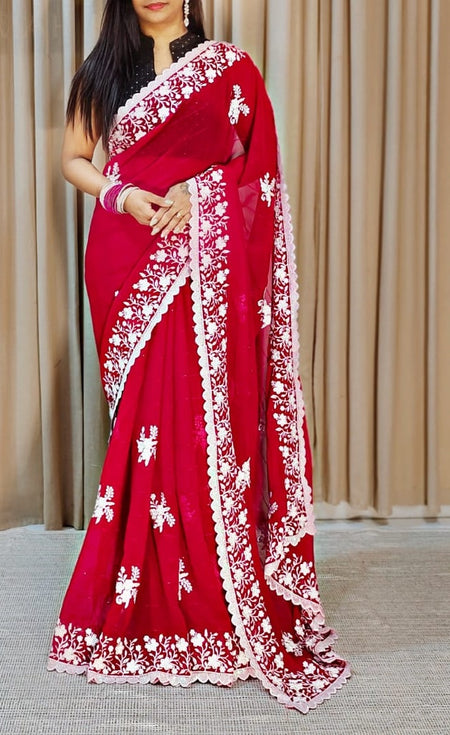 Women's Georgette Embellished Saree With Unstitched Blouse Piece - ANIBEY