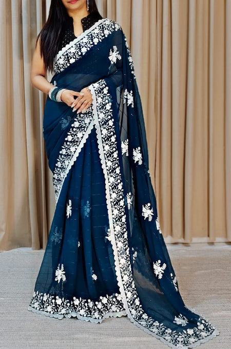Women's Georgette Embellished Saree With Unstitched Blouse Piece - ANIBEY