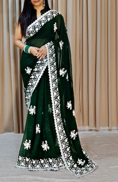 Women's Georgette Embellished Saree With Unstitched Blouse Piece - ANIBEY