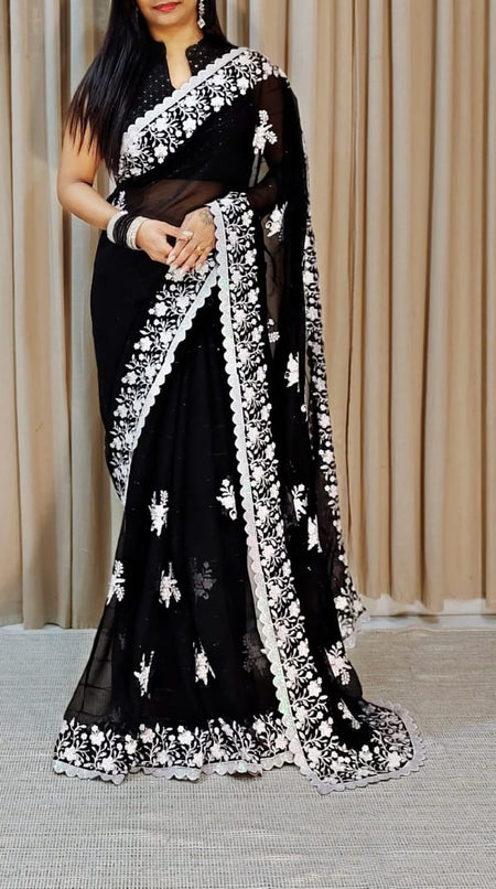 Women's Georgette Embellished Saree With Unstitched Blouse Piece - ANIBEY
