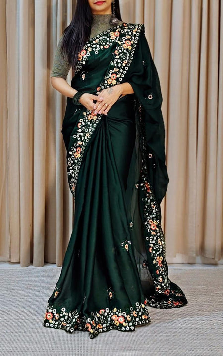 Women's Multicolor Chiffon Embroidered Saree With Unstitched Blouse Piece - ANIBEY