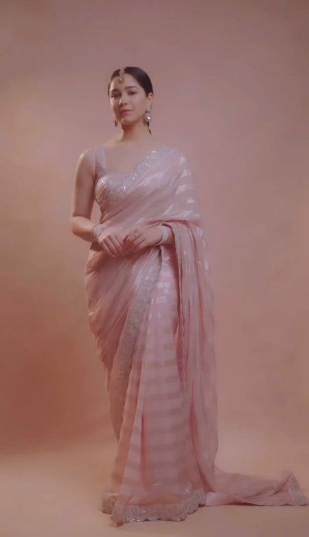 Women's Bollywood Style Saree Chiffon Silk Fabric On Lining Zari Weaving Embroidery Sequence Work - ANIBEY