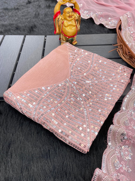 Women's Bollywood Style Saree Chiffon Silk Fabric On Lining Zari Weaving Embroidery Sequence Work - ANIBEY