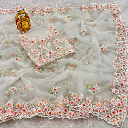 Premium Soft Net Saree Ready to Wear With Pearl and Sequin Embroidery All Over - ANIBEY