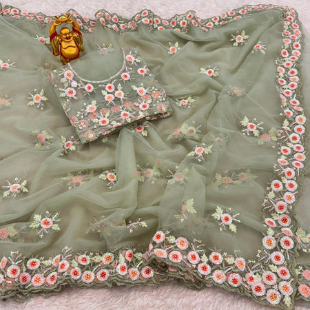 Premium Soft Net Saree Ready to Wear With Pearl and Sequin Embroidery All Over - ANIBEY