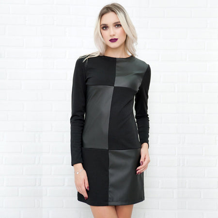 PU leather stitching long sleeve dress - ANIBEY