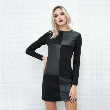 PU leather stitching long sleeve dress - ANIBEY