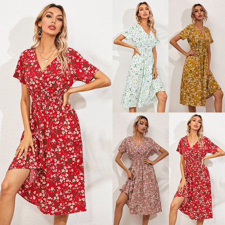 European And American Women's Printed Short-sleeved Fashion Floral Dress - ANIBEY