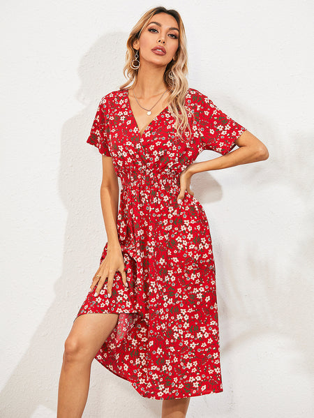 European And American Women's Printed Short-sleeved Fashion Floral Dress - ANIBEY