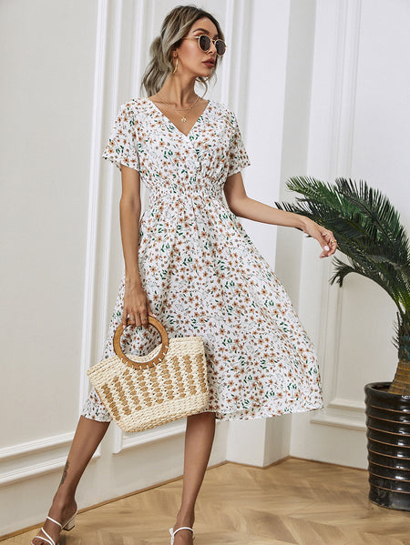 European And American Women's Printed Short-sleeved Fashion Floral Dress - ANIBEY