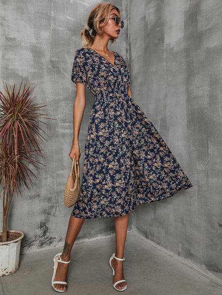 European And American Women's Printed Short-sleeved Fashion Floral Dress - ANIBEY