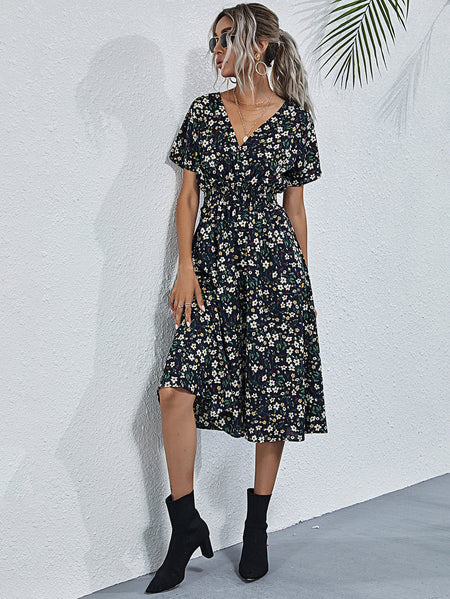 European And American Women's Printed Short-sleeved Fashion Floral Dress - ANIBEY