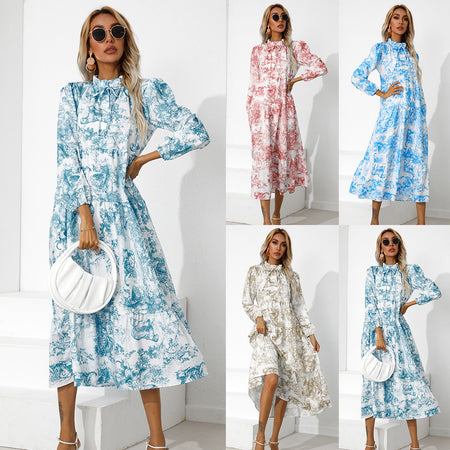 Round Neck Printed Loose Ninth-sleeve Dress - ANIBEY