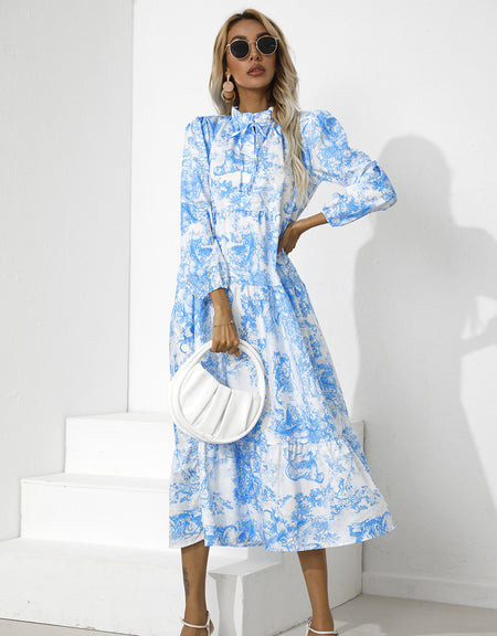 Round Neck Printed Loose Ninth-sleeve Dress - ANIBEY