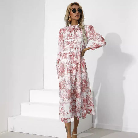 Round Neck Printed Loose Ninth-sleeve Dress - ANIBEY