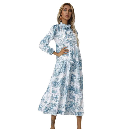 Round Neck Printed Loose Ninth-sleeve Dress - ANIBEY