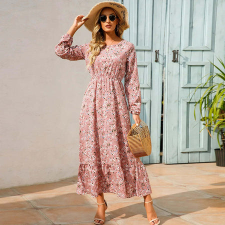 Women's Graceful And Fashionable Round Neck Floral Dress - ANIBEY