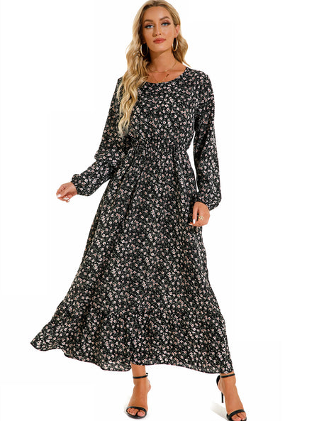 Women's Graceful And Fashionable Round Neck Floral Dress - ANIBEY