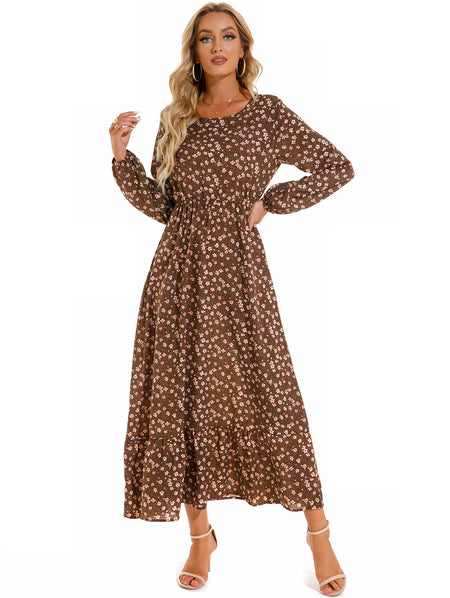 Women's Graceful And Fashionable Round Neck Floral Dress - ANIBEY