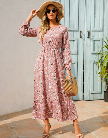 Women's Graceful And Fashionable Round Neck Floral Dress - ANIBEY