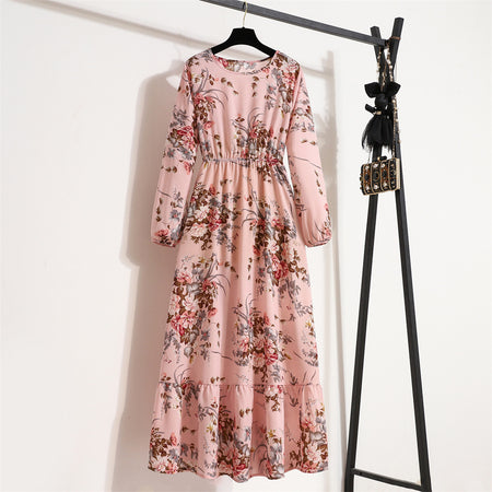 Women's Graceful And Fashionable Round Neck Floral Dress - ANIBEY