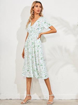 Floral Print Short Sleeve Dress - ANIBEY