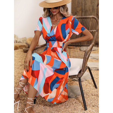 Floral Print Short Sleeve Dress - ANIBEY