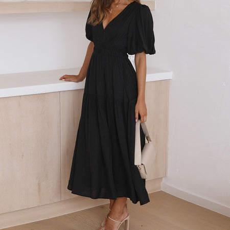 New Senior Sense Of Vacation Style Deep V Bubble Sleeve Dress - ANIBEY