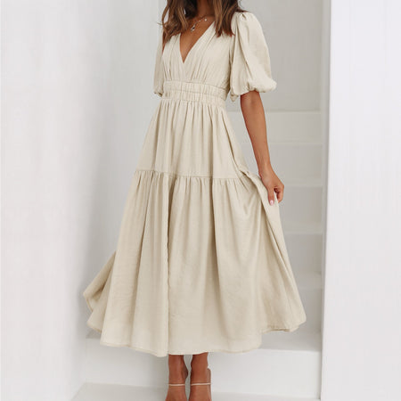 New Senior Sense Of Vacation Style Deep V Bubble Sleeve Dress - ANIBEY