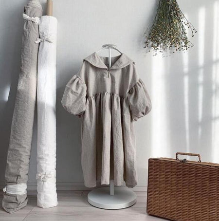 Cotton And Linen Bubble Three-quarter Sleeve Casual Outing Sailor Collar Dress - ANIBEY