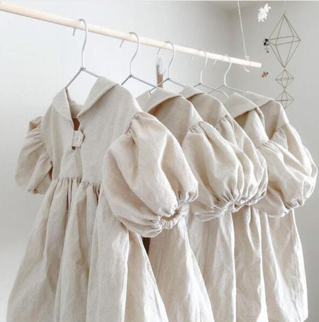 Cotton And Linen Bubble Three-quarter Sleeve Casual Outing Sailor Collar Dress - ANIBEY