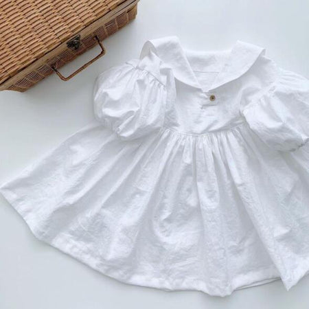 Cotton And Linen Bubble Three-quarter Sleeve Casual Outing Sailor Collar Dress - ANIBEY