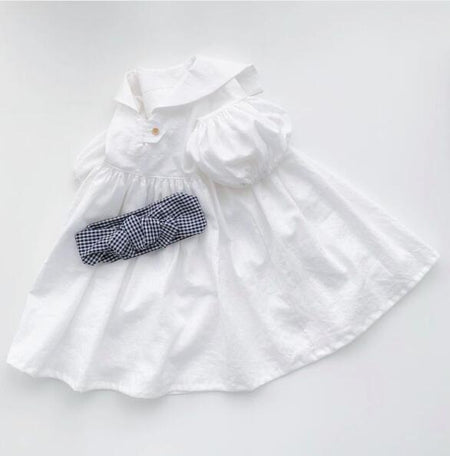 Cotton And Linen Bubble Three-quarter Sleeve Casual Outing Sailor Collar Dress - ANIBEY