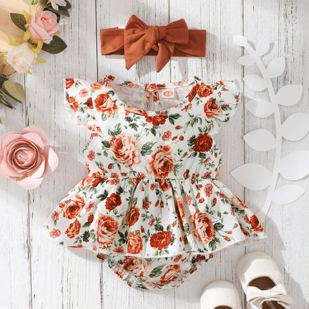 Sleeveless Small Floral Baby Girl Triangle Romper With Headgear - ANIBEY
