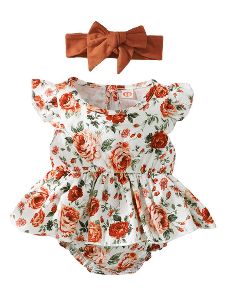 Sleeveless Small Floral Baby Girl Triangle Romper With Headgear - ANIBEY
