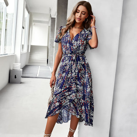 Fashionable European And American Print Flowy Dress - ANIBEY