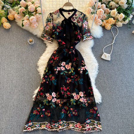 Niche Hepburn Style New Bow-neck Short-sleeved Dress - ANIBEY